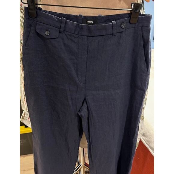 THEORY Navy Blue Wideleg Flare Linen Viscose Blend Cropped Pants Women's Size 6 - Picture 4 of 15